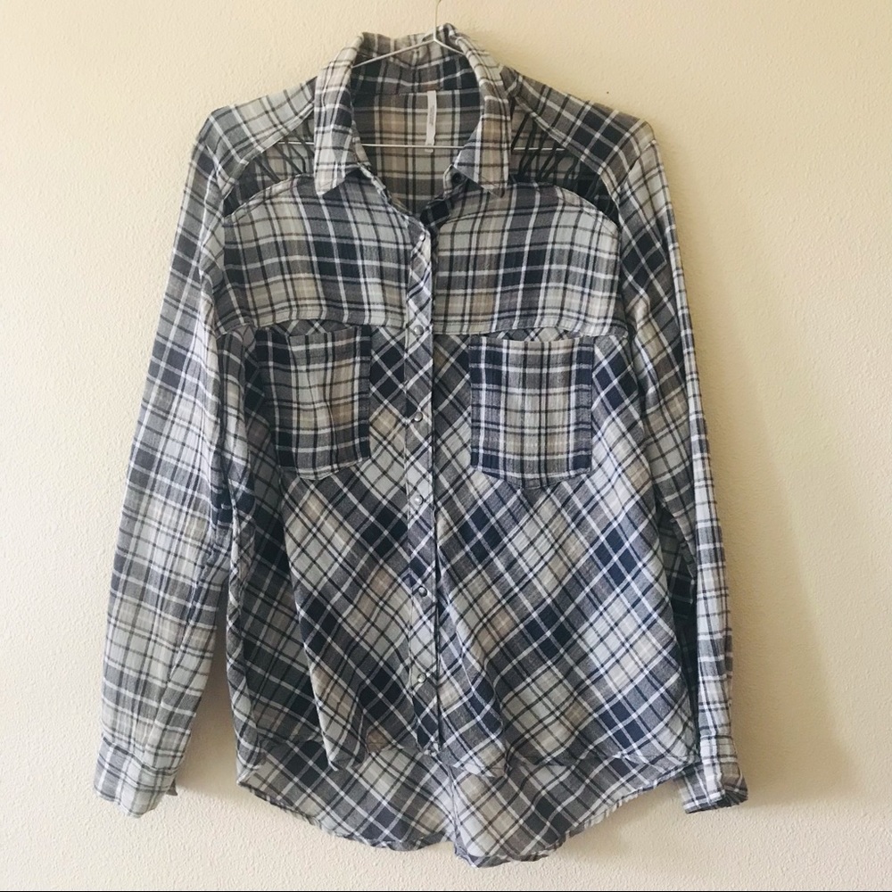 Free People Oversized Long Sleeve Plaid Button Down Gray White Size XS
